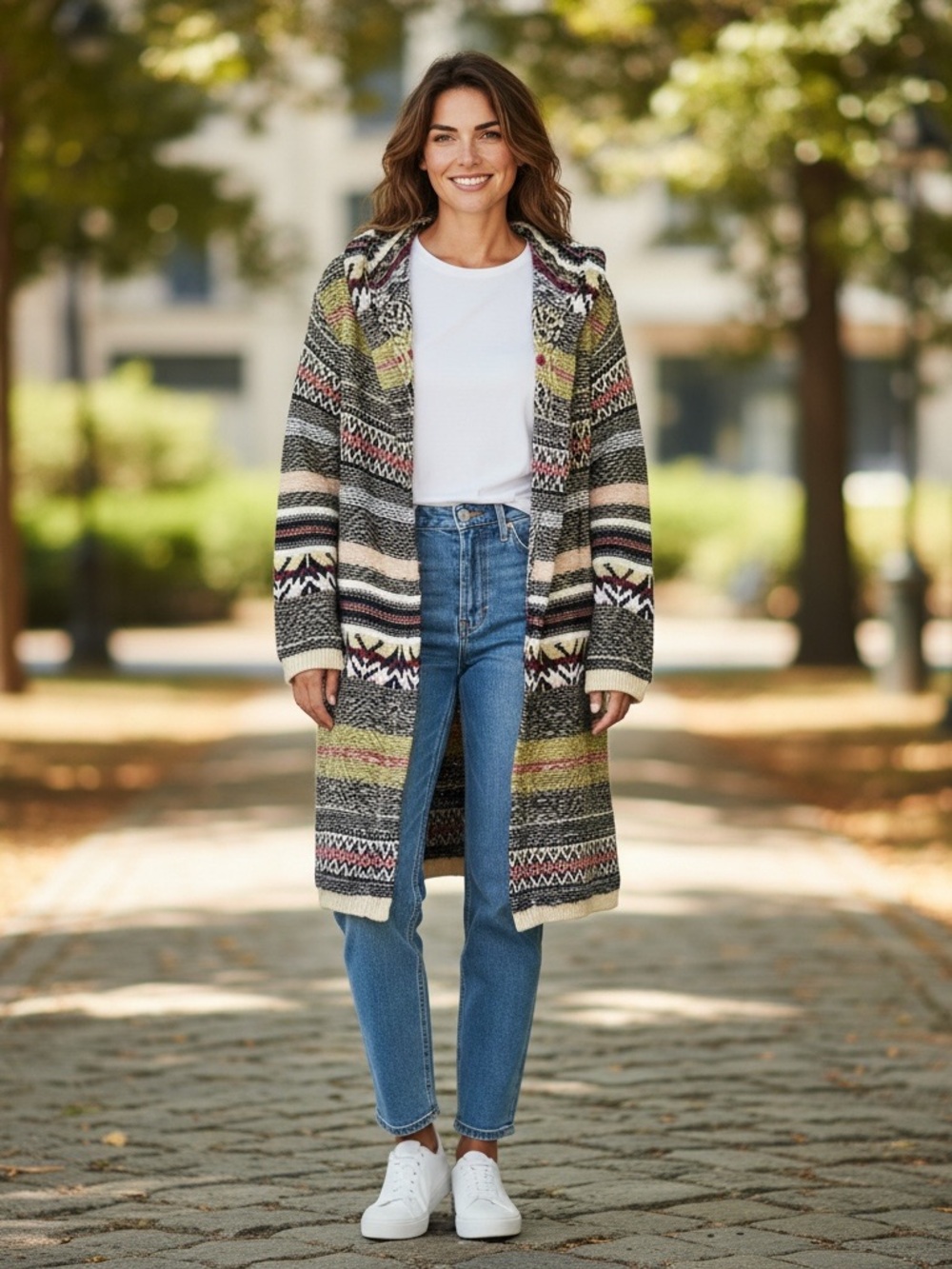 Ruff Hewn Hooded Open-Front Multi-Stripe Cardigan — Green, Gray, Cream, Burgundy